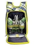 Kit de Bolsa de Picnic - Set para Picnic de 2 Personas con Botella Desmontable/Soporte para Vino con Bolsa para vajilla Bolsa de Almuerzo (Verde)