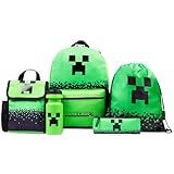 Minecraft Mochila Escolar Set de 5 Piezas Botella de Agua Bolsa Almuerzo Estuche Infantil Mochila Cuerdas o Llavero Correa con Cordón Material Escolar (Verde)