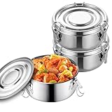 LEKEFETO Juego de 3 fiambreras redondas de acero inoxidable (12 cm) – Fiambrera a prueba de fugas para niños, acero inoxidable 304 con junta de silicona, ideal para aperitivos, sopas y cereales (250