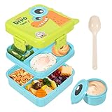 Fiambrera para niños, 1600 ml, doble capa, a prueba de fugas, fiambrera de dinosaurio, fiambrera infantil compartimentos, fiambrera infantil hermetica, fiambrera sin BPA