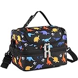 VASCHY Bolsa de almuerzo isotérmica para niños, portátil con compartimentos separados, reutilizable, para almuerzo, con correa ajustable para escuela y picnic (Dinosaurio negro)