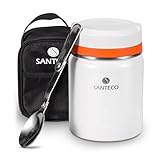 SANTECO Termo de Comida Caliente Aislado al Vacío - Frasco Tarro de Acero Inoxidable de Doble pared con Cuchara Plegable sin BPA, Bolsa de Viaje Aislante a Prueba de Fugas - 500ml Blanco