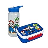 Scooli - Set de Regalo de vajilla para niños Super Mario - Set Compuesto por Fiambrera y biberón - Ideal para el Colegio o la guardería - a Partir de 4 años - de plástico - sin BPA