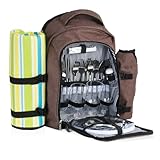 CampFeuer Mochila de Picnic con 32 Piezas para 4 Personas | Color Marrón Moteado | Incl. Portabotellas, Manta de Picnic, Compartimento Nevera y Utensilios de Camping | Mochila Nevera Isotérmica