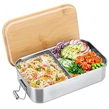Cozary Fiambrera de Acero Inoxidable con Tapa de Madera, 1000ML Hermética Tartera Comida Trabajo, Prueba de Fugas, Sin BPA, Lunch Box Divisores Ajustables para Trabajo, Escuela, Picnic