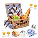 MINENICE Cesta Picnic 4 Personas, Set de Picnic de Mimbre con Bolsa Aislante, Manta de Picnic Impermeable y Juego de Cubiertos, Cesta de Picnic para Camping, Azul