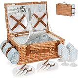 HappyPicnic - Juego de cestas de Picnic de Mimbre para 4 Personas | Cesta Grande de Sauce con Gran Compartimento refrigerante Aislante, Manta Impermeable y Cubiertos