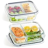 Praknu Meal Prep Cristal con 3 Compartimentos - 2 Tuppers Cristal Hermeticos de 1L - Fiambrera Compartimentos - Para Congelar, Microondas, Horno