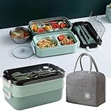 Tohoee Fiambrera de doble capa Compartimentos de acero inoxidable 304, Lunch Box con vajilla, cuencos de sopa y bolsas de aislamiento para adultos, trabajo, oficina, picnic, escuela, oficina (Verde)