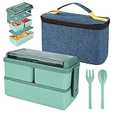 Caja de almuerzo de 1400 ml con 3 compartimentos - caja de bento de 2 capas con bolsas y cubiertos aislados, caja de contenedores de preparación de comidas para adultos estudiantes niños (Verde)