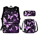 Flashideas Juego de 3 mochilas escolares para niños con fiambrera, estuche para lápices, mochila escolar de mariposa morada, mochila ligera para niñas pequeñas, jardín de infantes, primaria