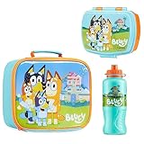 Bluey Bolsa Termica Porta Alimentos, Set 3 Piezas con Loncheras para Niños, Fiambrera Infantil Sandwichera y Botella de Agua, Merienda Bocadillos Guardería Accesorios Oficiales (Azul/Naranja)