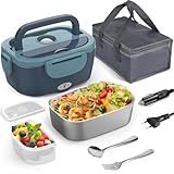 WisaKey Fiambrera eléctrica, 80 W, térmica, con bolsa, tenedor y cuchara de acero inoxidable y caja de comida de 1,5 l, 12 V, 24 V, 110 ~ 230 V, a prueba de fugas, fiambrera eléctrica para coche