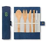 Cubierto de bambú | Cubiertos madera ecológicos |Utensilios madera | Set para picnic | Set cubiertos para camping | Cucharada, tenedor, cuchillo, pajita | 20 cm | Mar |Bambaw