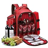 APOLLO WALKER Mochila Picnic, Juego de Picnic Set 4 Personas (Vajilla y Manta), Nevera Playa Mochila, Bolsas Mochilas Termicas para Acampar, Playa y Senderismo（Rojo - Cuatro Personas）