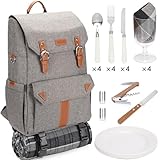 HappyPicnic Mochila de picnic para 4 personas aislada con juego completo de vajilla, espacioso compartimento refrigerador, soportes para botellas y manta de picnic impermeable grande