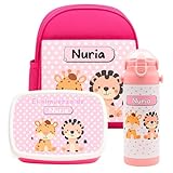 makana | Pack Vuelta al Cole Personalizado Jirafa y León Rosa – Mochila Infantil + Fiambrera 2 Compartimentos + Botella 600 ml - Libre de BPA – Guardería, Colegio y Extraescolares