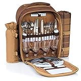 CampFeuer Mochila de Picnic 4 Personas | Color Marrón | Juego de Picnic con 32 Piezas | Incl. Portabotellas, Manta, Gran Compartimento Refrigeración, Vajilla y Cubiertos | Mochila Nevera Isotérmica