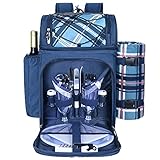 Hap Tim Mochila de picnic para 2 personas con compartimento aislado a prueba de fugas, soporte para vino, manta de forro polar, juego de cubiertos, regalos para niños y niñas, azul (36083-BL)