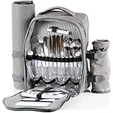 CampFeuer Mochila de Picnic 4 Personas | Color Gris | Juego de Picnic con 32 Piezas | Incl. Portabotellas, Manta, Gran Compartimento Refrigeración, Vajilla y Cubiertos | Mochila Nevera Isotérmica