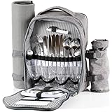 CampFeuer Mochila de Picnic para 4 Personas | Color Gris | Juego de Picnic con 32 Piezas | Incl. Portabotellas, Gran Compartimento de Refrigeración, Vajilla y Cubiertos | Mochila Nevera Isotérmica