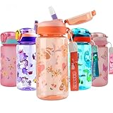 MHwan Botella Agua Niños, 600ml Robusta e Irrompible, Botella con Pajita Niños, Sin BPA, Hermosa Cantimplora Infantil Adecuada para Viajes Escolares, Portátil Botellas de Agua para Niños