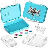 My Vesperbox – Len – Bento Box Niños – Fiambrera con 4 + 2 compartimentos – Extremadamente resistente – Fiambrera – Fiambrera ideal para guardería y escuela… (azul claro – caballos)