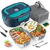 ihakkason Fiambrera eléctrica de acero inoxidable, 100 W, con doble depósito extraíble para coche/camión/oficina, 12 V/24 V/230 V, caja térmica eléctrica (azul)