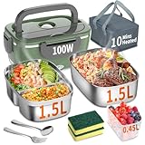 Fiambrera eléctrica de 100 W, 3 en 1, portátil, fiambrera de acero inoxidable extraíble, 12 V/24 V/220 V, para coche/camión/oficina, con bolsa aislante y esponja (Verde, 1.5 L)