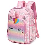 VASCHY Mochila ligera de 11.5 L para niños y niñas, resistente al agua, con correa reflectante para el pecho con bolsillos elásticos para botellas, para jardín de infantes, Unicornio brillante,
