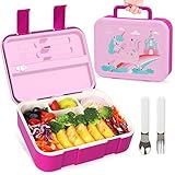 Lehoo Castle Fiambrera Infantil con Compartimentos + Cubiertos, Lunch Box Kids con 5 Compartimentos Caja Bento Portátil A Prueba de Fugas para Niñas Escuela Fiambrera Bento (Rosa/Unicornio)