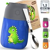 FUNKELFUCHS Termo para comida infantil – 500 ml azul dinosaurio – 100% a prueba de fugas – Recipiente para alimentos de acero inoxidable – Termo para comida – Fiambrera térmica para niños –