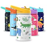 BOZ Botella Agua Niños con Pajita - Botella Agua Acero Inoxidable 414 ml, Botella Térmica Aislamiento Doble Pared Sin BPA, Botella Isotérmica Antiderrame con Asa Apta para el Lavavajillas (Safari)