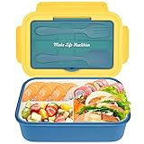 Cooja Fiambrera Compartimentos, 1400ML Bento Lunch Box Loncheras de Trabajo Plastico Lunchbox Hermetica Cubiertos Integrado Cuchara y Tenedor, Azul