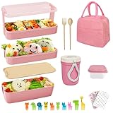Obcarn Fiambrera 900ml Lunch Box con compartimentos, Loncheras para Niños y Adultos para Comida Trabajo Escuela Picnic, Fiambrera Termica para Microondas y Lavavajillas, Bento Box Infantil(Rosa)