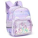 Tokeya Mochila Infantil, Pequeña para Niñas, Unicornio, Preescolar Escolares Bolsa Impermeable Kindergarten, Mochilas Animales Guardería con Bolsillos Laterales para 2-6 Años Bebe, Morado