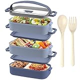 OITUGG Fiambrera 3 Capas - Bento Box 2200ml - Lunch Box con 3 piezas Compartimentos Ajustable - Lonchera con Cubiertos - Fiambrera Hermetica, Sin BPA, Apto para microondas, A prueba de fugas, Azul