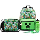 Minecraft Mochila Escolar Set de 5 Piezas Botella de Agua Bolsa Almuerzo Estuche Infantil Mochila Cuerdas o Llavero Correa con Cordón Material Escolar (Verde AOP)