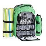 CampFeuer Mochila de Picnic con 32 Piezas para 4 Personas | Color Verde Menta Jaspeado | Incl. Portabotellas, Manta de Picnic, Compartimento Nevera y Utensilios de Camping | Mochila Nevera Isotérmica