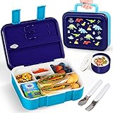 Lehoo Castle Fiambrera Infantil y Antigoteo para Niños, 1250ml - Fiambrera Chica Bento Box con Tenedor, Cuchara, 5 Compartimentos y Salsero (Dinosaurio)