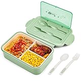 BIBURY Fiambrera Bento Box para adultos y niños, a prueba de fugas, 1400 ml, fiambrera con 3 compartimentos y cubiertos, apta para microondas, para escuela, trabajo, pícnic, viajes (verde)