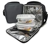 Nerthus FIH 465 Lunch Bag Gris FIAmbrera bolsa termica porta alimentos 2 recipiente Herméticos, Tela Resistente, 2 recipientes Cristal, Con 2 Tuppers Cristal