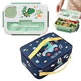 Matreeglam Fiambrera para niños, fiambrera de dibujos animados con varios compartimentos, tenedor, diseño de dinosaurios de dibujos animados para niños, niñas, escuela, guardería