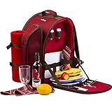 Mochila de Picnic de ALLCAMP, para 2 Personas, con Bolsa térmica, vajilla y Manta de Forro Polar, Rosso