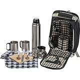 Mochila de picnic para 2 personas con jarra térmica de acero inoxidable, tabla de cortar, 2 vasos de acero inoxidable, cubiertos de metal, salero y pimentero, servilletas de tela, pícnic, excursión al