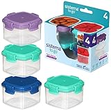 Sistema Knick Knack Pack TO GO | Recipientes apilables con tapas para almacenamiento | 62 ml | Sin BPA | Tapas verde, azul, rosa y morada | 4 unidades