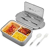 BIBURY Fiambrera, caja bento a prueba de fugas para niños adultos, recipiente para alimentos con 3 compartimentos y juego de cubiertos, lonchera comidas aptos para microondas y lavavajillas (Gris)