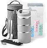 Lille Home Fiambrera apilable de acero inoxidable de 1380 ml con compartimento térmico, contenedor de comida Bento aislado de 3 niveles con bolsa de almuerzo, juego de cubiertos (Gris)