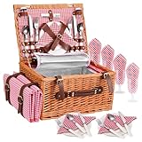 MINENICE Cesta Picnic 4 Personas, Set de Picnic de Mimbre con Bolsa Aislante, Manta de Picnic Impermeable y Juego de Cubiertos, Cesta de Picnic para Camping, Rosa